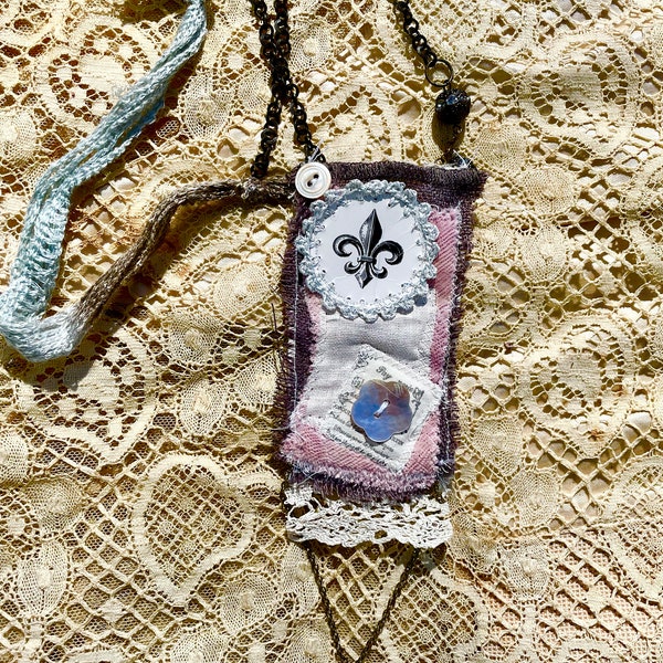 Handmade Fleur-di-Lis Mixed Media Textile Necklace  Valentine’s Gift