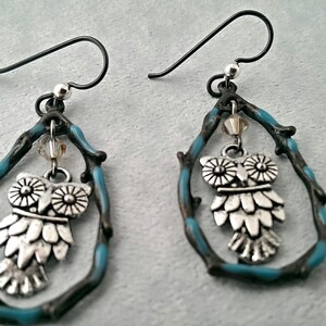 Teardrop shaped branch with hanging owl dangle earrings, swarovski bicone bead