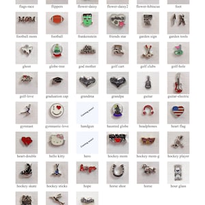 May include: A collection of silver charm beads with various designs, including sports, hobbies, and holidays. The charms are arranged in a grid on a white background.