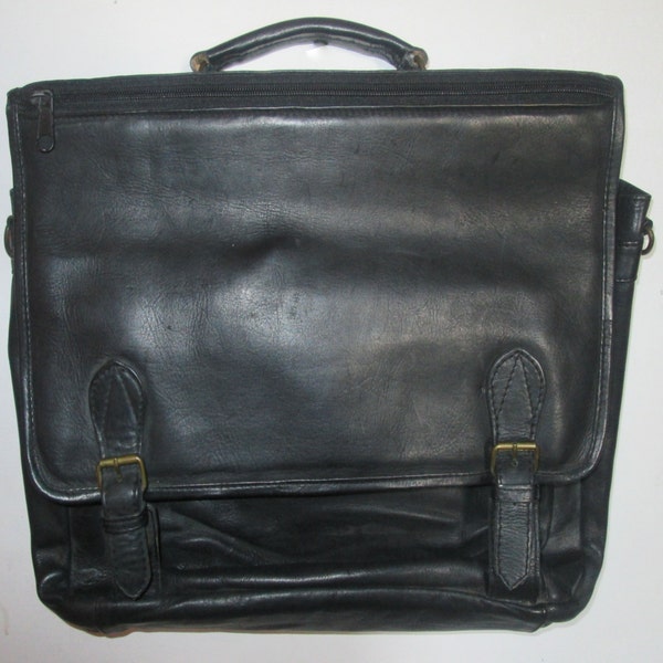 VTG Genuine Leather Made In India Black Buckled Slide Closure Flap Zipper Open Compartments Multifunctional Unisex Attache Computer Bag etc.