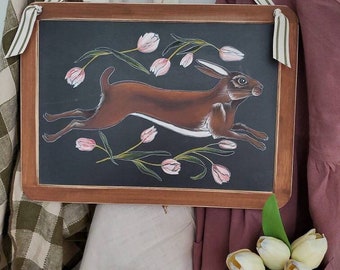 Tulip Hare vintage style slate (Home Decor, Easter, Spring)