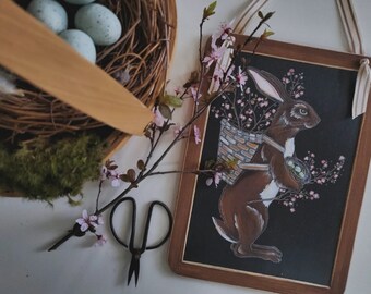 Blossom Basket Rabbit slate (spring, Easter, home decor)