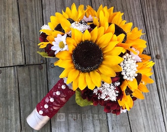 Burgundy Wine Sunflower Bouquet, Sunflower and Daisy Bouquet, Sunflower Wedding Bouquet