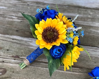 Royal Blue and Sunflower Bouquet, Sunflower and Rose Bride Bouquet, Royal Blue and Sunflower Bridal Bouquet, Royal Blue Wedding Flowers
