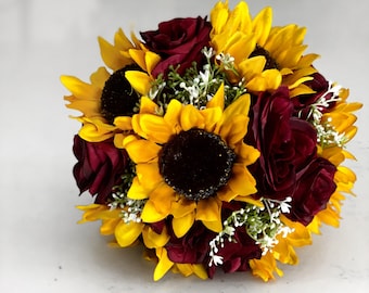 Burgundy Sunflower Bouquet, Bridesmaid Bouquet, Sunflower Bouquet, Bride Bouquet, Sunflower and Burgundy Rose Bouquet, Wedding Bouquet