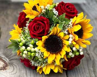 Sunflower Bouquet, Sunflower Rose Bouquet, Red Rose Bouquet, Sunflower and Red Rose Bouquet, Wedding Bouquet, Bride Bouquet