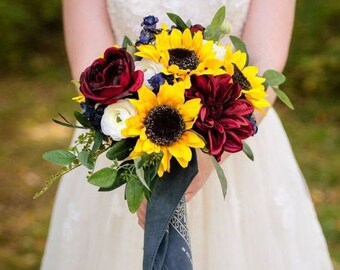 Bride Bouquet, Sunflower Bride Bouquet, Burgundy and Sunflower Bouquet, Bride Wedding Flowers, Burgundy and Navy