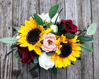 Sunflower Bouquet, Sunflower and Rose Bouquet, Burgundy and Sunflower Bouquet, Bridesmaid Bouquet, Bride Bouquet
