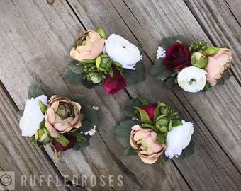 Wrist Corsage, Wine Corsage, Burgundy Corsage, Bracelet Corsage, Boho Corsage, Champagne Wine Corsage, Pin Corsage