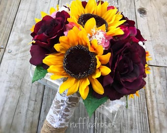 Sunflower Bouquet, Rustic Bouquet, Wine and Sunflower Bouquet, Marsala Sunflower Bouquet, Bridal Bouquet