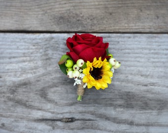 Sunflower Boutonniere, Rose Boutonniere, Sunflower and Rose Boutonniere, Groom Flowers, Prom Flowers, Wedding Flowers, Boutineer