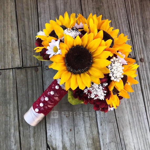 Burgundy Wine Sunflower Bouquet Sunflower And Daisy Bouquet Etsy