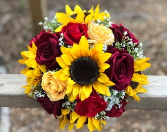 Rose and Sunflower Bouquet, Bride Bouquet, Sunflower Bouquet, Sunflower and Rose Bride Bouquet, Wedding Flowers, Rose, Sunflowers
