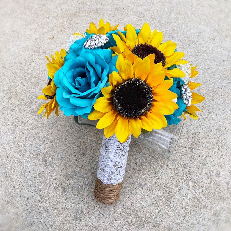 Sunflower Bouquet Turquoise Sunflower Bouquet Bridal Bouquet Malibu Bouquet