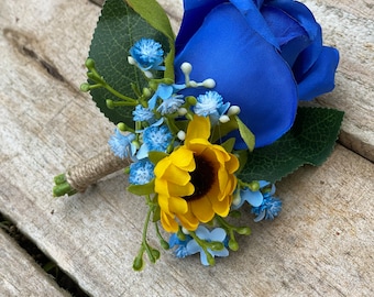 Royal Blue and Sunflower Boutonniere, Sunflower and Rose Bride Boutonniere, Royal Blue and Sunflower Groom Flowers, Wedding Flowers, Prom