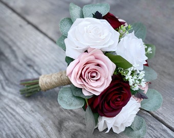 Burgundy Wine Dusty Rose and Ivory Bouquet, Wedding Bouquet, Bride Bouquet, Bridesmaid Bouquet, Burgundy Dusty Pink, Eucalyptus Bouquet