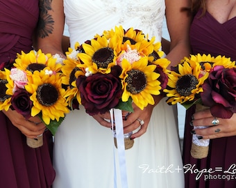 Sunflower Bouquet, Wine and Sunflower Bouquet, Burgundy and Sunflower Bouquet, Bride Bouquet, Wedding Bouquet