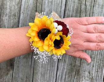 Sunflower Corsage, Burgundy Sunflower Corsage, Wrist Corsage, Pin Corsage
