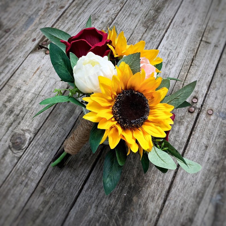 Sunflower Bouquet Sunflower and Rose Bouquet Burgundy and Etsy
