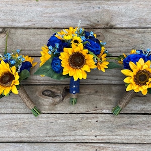 Royal Blue and Sunflower Bouquet, Sunflower and Rose Bride Bouquet, Royal Blue and Sunflower Bridal Bouquet, Royal Blue Wedding Flowers