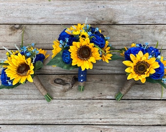 Royal Blue and Sunflower Bouquet, Sunflower and Rose Bride Bouquet, Royal Blue and Sunflower Bridal Bouquet, Royal Blue Wedding Flowers