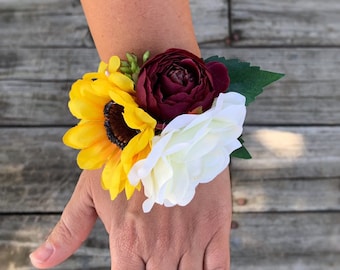 Burgundy Sunflower Corsage, Wrist Corsage, Pin Corsage, Sunflower Corsage, Sunflower Rose Corsage