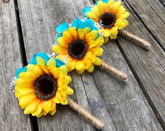 Sunflower Boutonniere, Turquoise Sunflower Boutonniere, Malibu Sunflower Boutonniere, Groom Pin