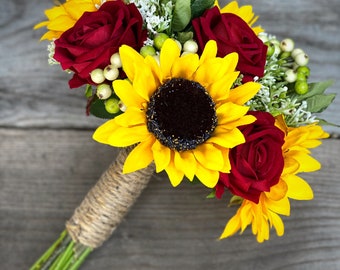 Sunflower Bouquet, Sunflower Rose Bouquet, Red Rose Bouquet, Sunflower and Red Rose Bouquet, Wedding Bouquet, Bride Bouquet