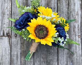 Sunflower Bouquet, Sunflower Rose Bouquet, Navy Sunflower Bouquet, Navy Wedding Bouquet