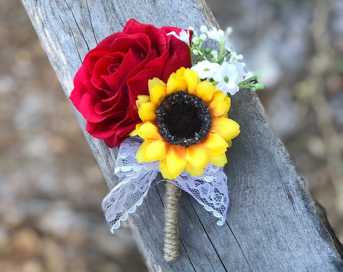 Red Rose and Sunflower Boutonniere, Groom Boutonniere, Groomsmen