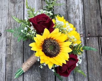 Sunflower Bouquet, Sunflower Rose Bouquet, Burgundy Bouquet, Bridal Bouquet, Bridesmaid Bouquet