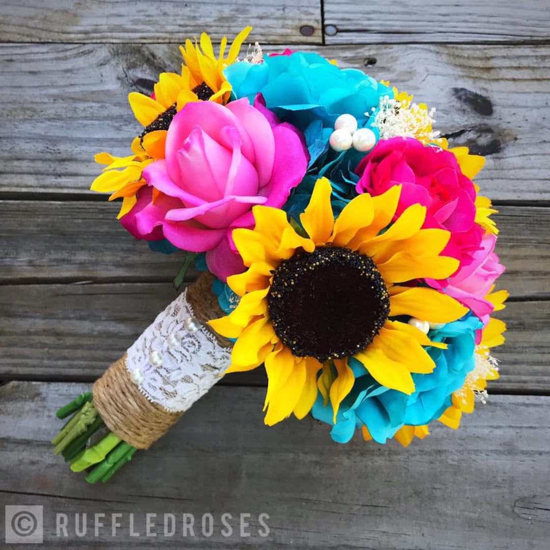 Sunflower Bouquet, Summer Bouquet, Fuchsia and Turquoise