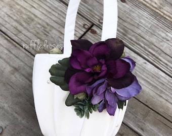 Boho Flower Girl Basket, Plum and Iris Flower Girl Basket, Succulent Flower Girl Basket, Wildflower Basket