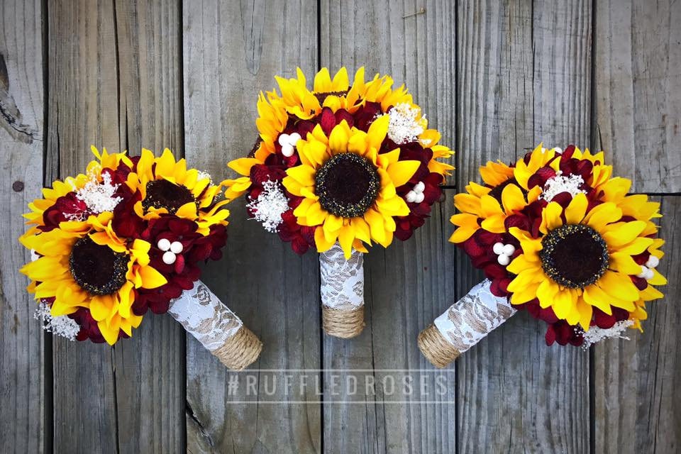 burgundy bridesmaid dresses with sunflower bouquets Ling's Moment Set of 6 Sunflower and Burgundy Bridesmaid Bouquet Wedding  Bouq