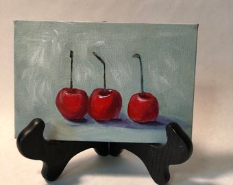 Cherry Trio - Original Painting, Kitchen Art, Small Painting, Renee Brennan Art