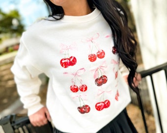 Cherries And Bows DTF Sweatshirt, Trendy Sweatshirt, Cutesy Graphic Tee, Best Seller Graphic Sweatshirt