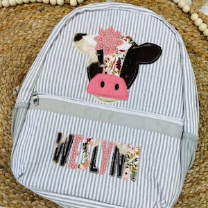Toddler Girl Seersucker Backpack - Personalized School Bag, Book Bag, cow applique, diaper bag, farmhouse, Preschool bookbag, Best Seller