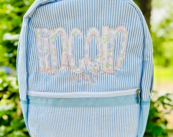 IN STOCK! Seersucker Backpack - Personalized School Bag, Book Bag, Name applique, diaper bag, Farmhouse, Preschool Bookbag, Best Seller