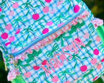 Cherry Ribbon Backpack - Personalized School Bag, Book Bag, Name embroidery, diaper bag, Sugar Bee Brand Backpack, Best Seller Girl Bag