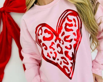 Leopard Love Puff Light Pink Sweatshirt, Valentine Sweatshirt, Trending Sweatshirt, Valentine's Day, Valentines, Love, February 14th