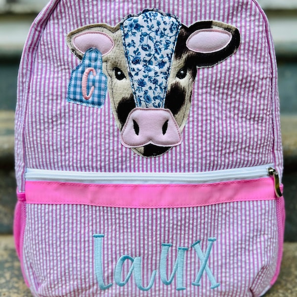 Southern Chic Cow Applique Seersucker Bookbag, seersucker, cow applique, plaid, cow tags, applique, dash forward