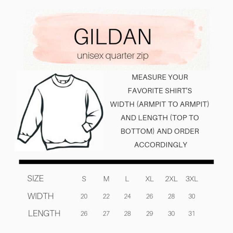 Peut inclure: Illustration d'un sweat-shirt unisexe Gildan quarter zip blanc. L'image comprend des mesures de taille pour la largeur et la longueur en centim&egrave;tres, allant de S &agrave; 3XL. Des instructions conseillent de mesurer un v&ecirc;tement pr&eacute;f&eacute;r&eacute; pour un dimensionnement pr&eacute;cis.