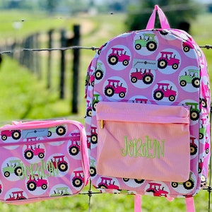 Grand tracteur rose - cartable personnalisé, cartable, nom en applique, ferme, cartable préscolaire, sac pour fille best-seller, Jane Marie