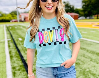 Checkered Mascot Colors Chalky Mint Graphic Tee #49, Back To School, Custom School Tee, First Day Of School, School Design, Best Seller