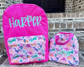 Jane Marie Girls Dino-Mite Backpack, Personalized School Bag, Book Bag, Embroidered Name, diaper bag, Farmhouse, Preschool Bookbag, Girl Bag