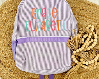 IN STOCK! Seersucker Backpack - Personalized School Bag, Book Bag, Name applique, diaper bag, Farmhouse, Preschool Bookbag, Best Seller