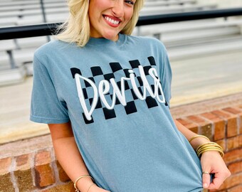 Cursive Checkered Mascot Graphic Tee #65, Back To School, Custom School Tee, First Day Of School, School Design, Best Seller