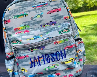 Race Car Backpack - Personalized School Bag, Book Bag, Name applique, diaper bag, Sugar Bee Brand Backpack, Best Seller Boy Bag
