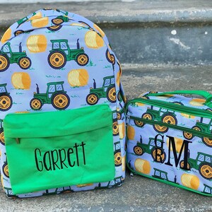 Jane Marie Tractor Print Backpack - Personalized School Bag, Book Bag, lunch box, Farmhouse, Preschool Bookbag, Best Seller