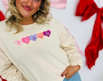 Teach Heart Embroidered Sweet Cream Sweatshirt, Valentine Sweatshirt, Trending Sweatshirt, Valentine's Day, Valentines, Love, February 14th